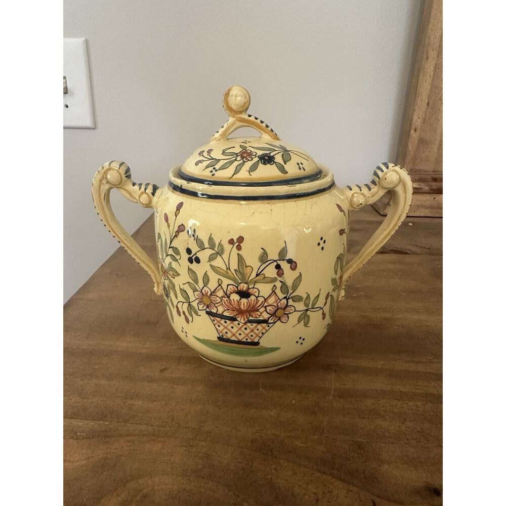 Vintage French Kenilworth QUIMPER Soleil Yellow Sugar Bowl With Lid 6”T